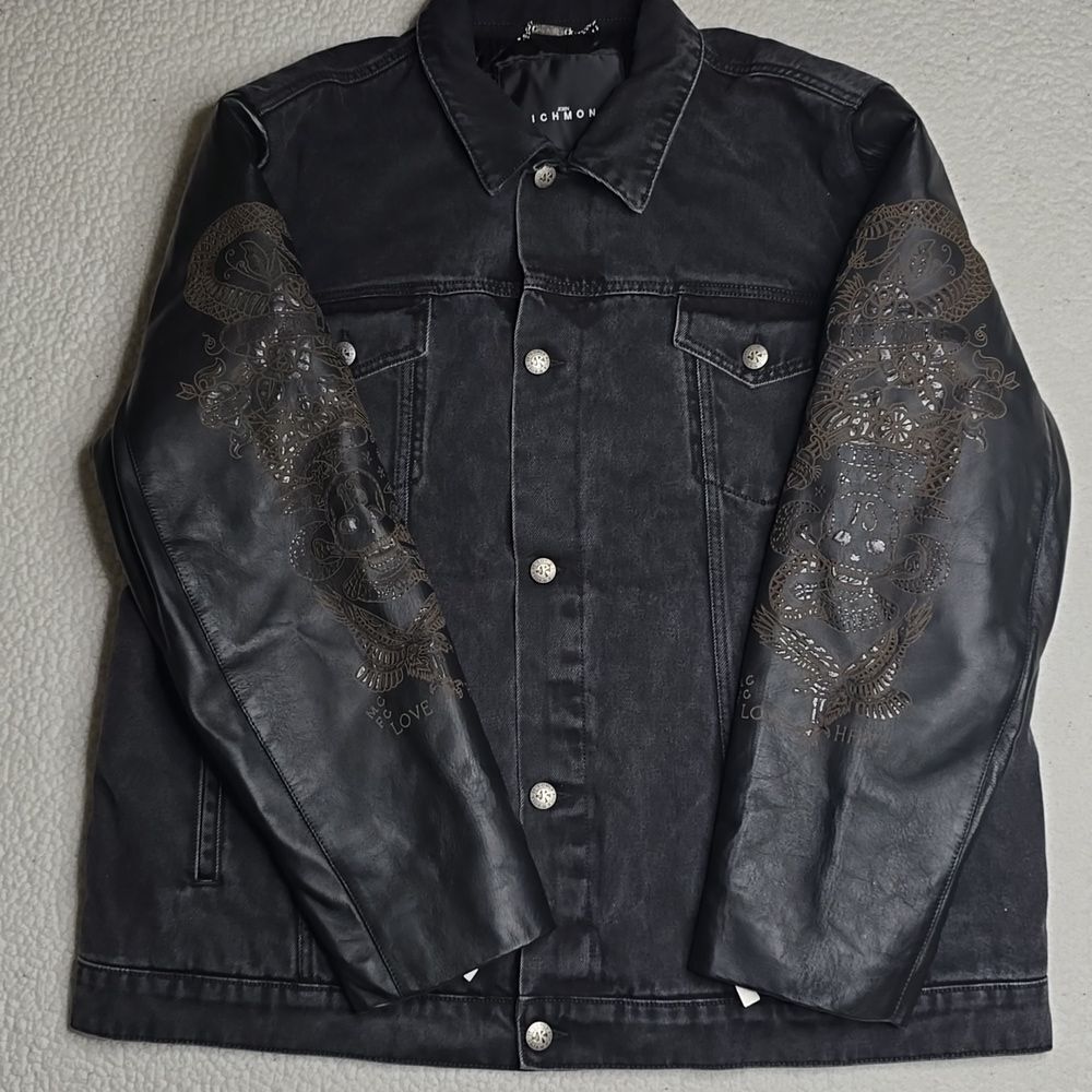 John Richmond - Denim and Laser Cut Leather Jacket in Black Large - Picture 5 of 16